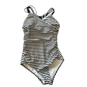 Kona Sol One Piece Swimsuit Womens Size M Navy & White Striped Ruched Back